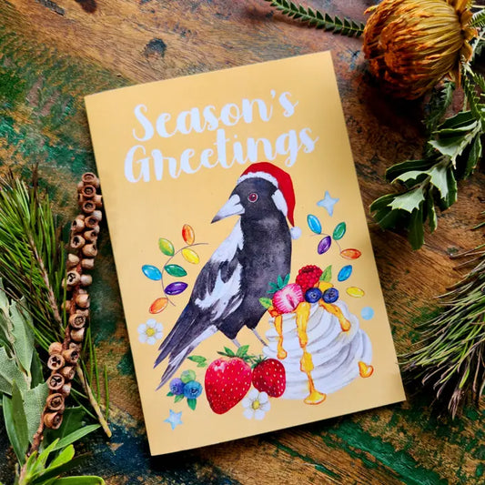 WATERCOLOURS BY CAT- AUSSIE ANIMAL & FOOD CHRISTMAS CARDS- Magpie & Pavlova