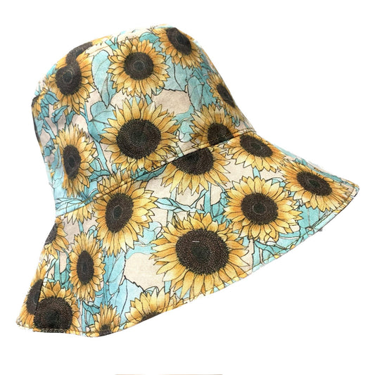 Teacups n Quilts- Aqua Sunflower Fabric Hat (Scenic Route)- Adult Size