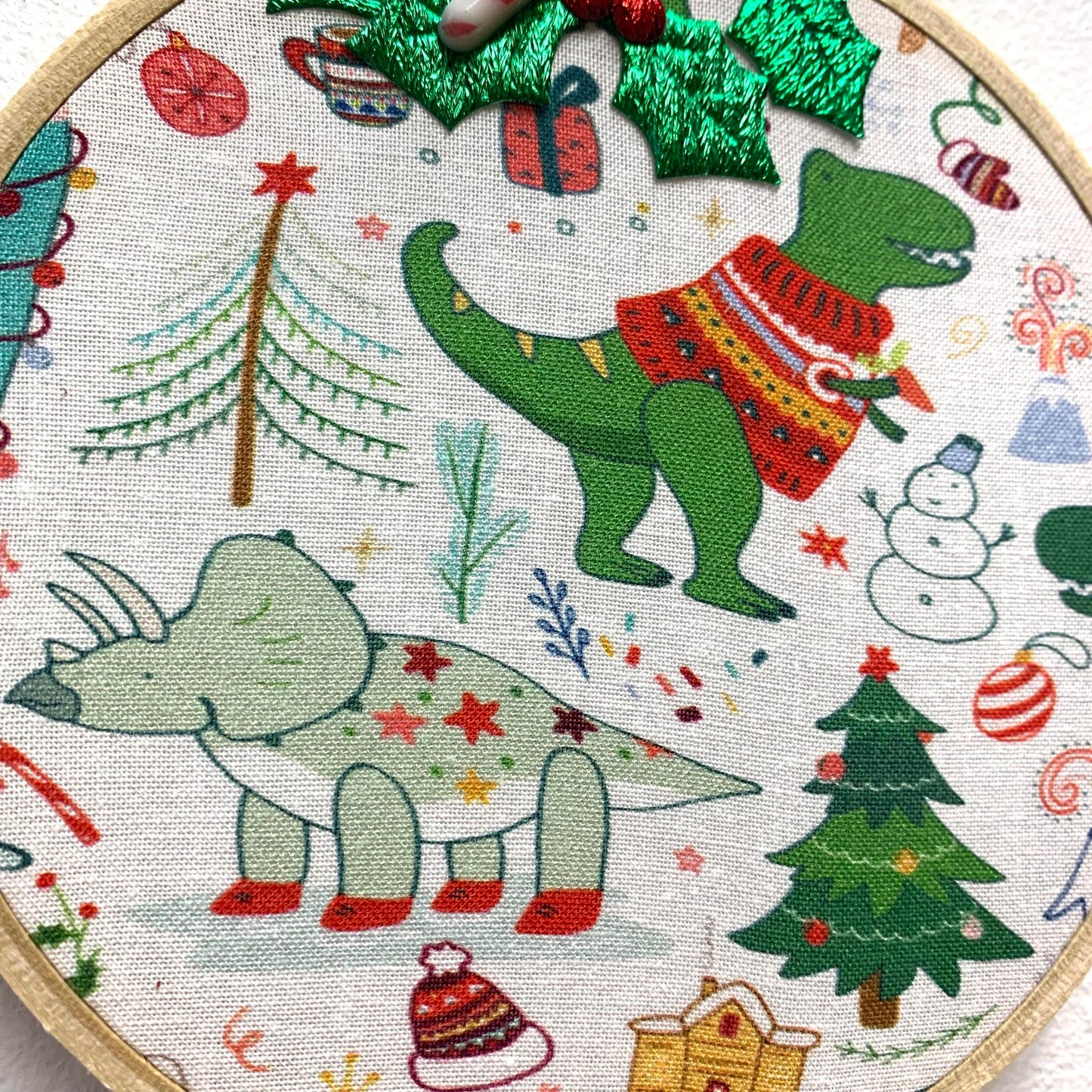 THIS BIRD HAS FLOWN- "Festive Dinosaurs Candy Cane" Medium Embroidery Hoop Christmas Decoration
