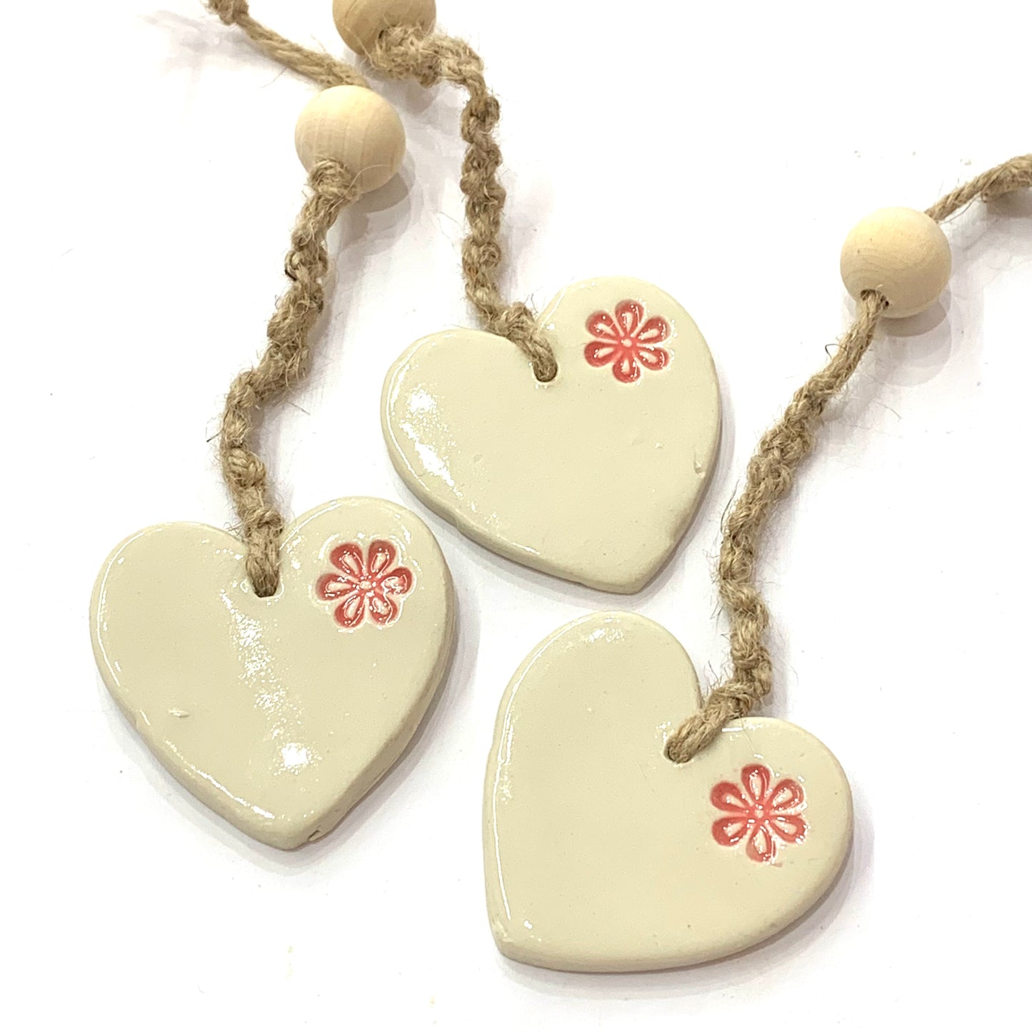 EARTH BY HAND- Clay Heart Decorations- Stamped Flower, Knotted Cord & One Bead