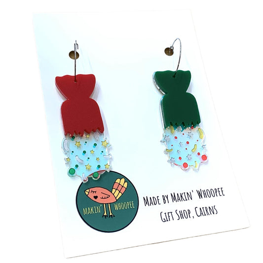MAKIN' WHOOPEE - CHRISTMAS CRACKERS IN RED & GREEN MISMATCHED - HOOP DANGLES