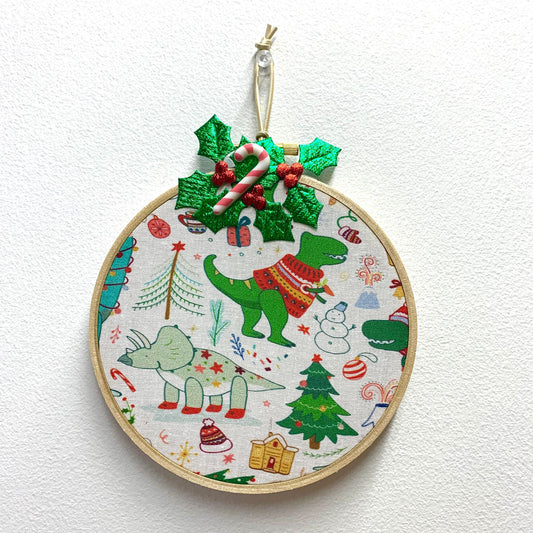 THIS BIRD HAS FLOWN- "Festive Dinosaurs Candy Cane" Medium Embroidery Hoop Christmas Decoration