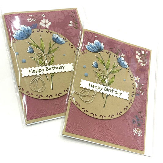 PAPER POSSUM- Maroon & Blue Flowers Birthday- HANDMADE GREETING CARD