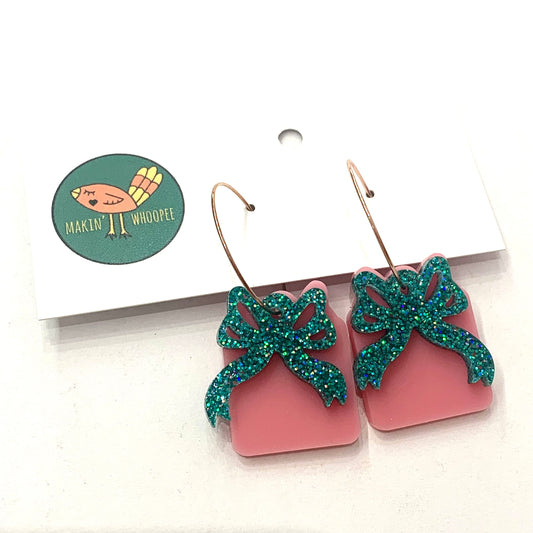 MAKIN' WHOOPEE - Small “Ribbons & Bows” CHRISTMAS HOOP DANGLES- Pink & Aqua