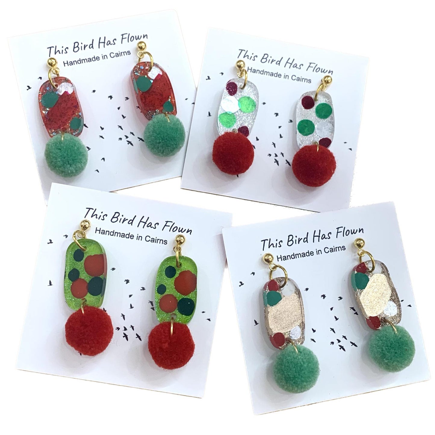 THIS BIRD HAS FLOWN- Funky Christmas Earrings- Small Pom Poms #3