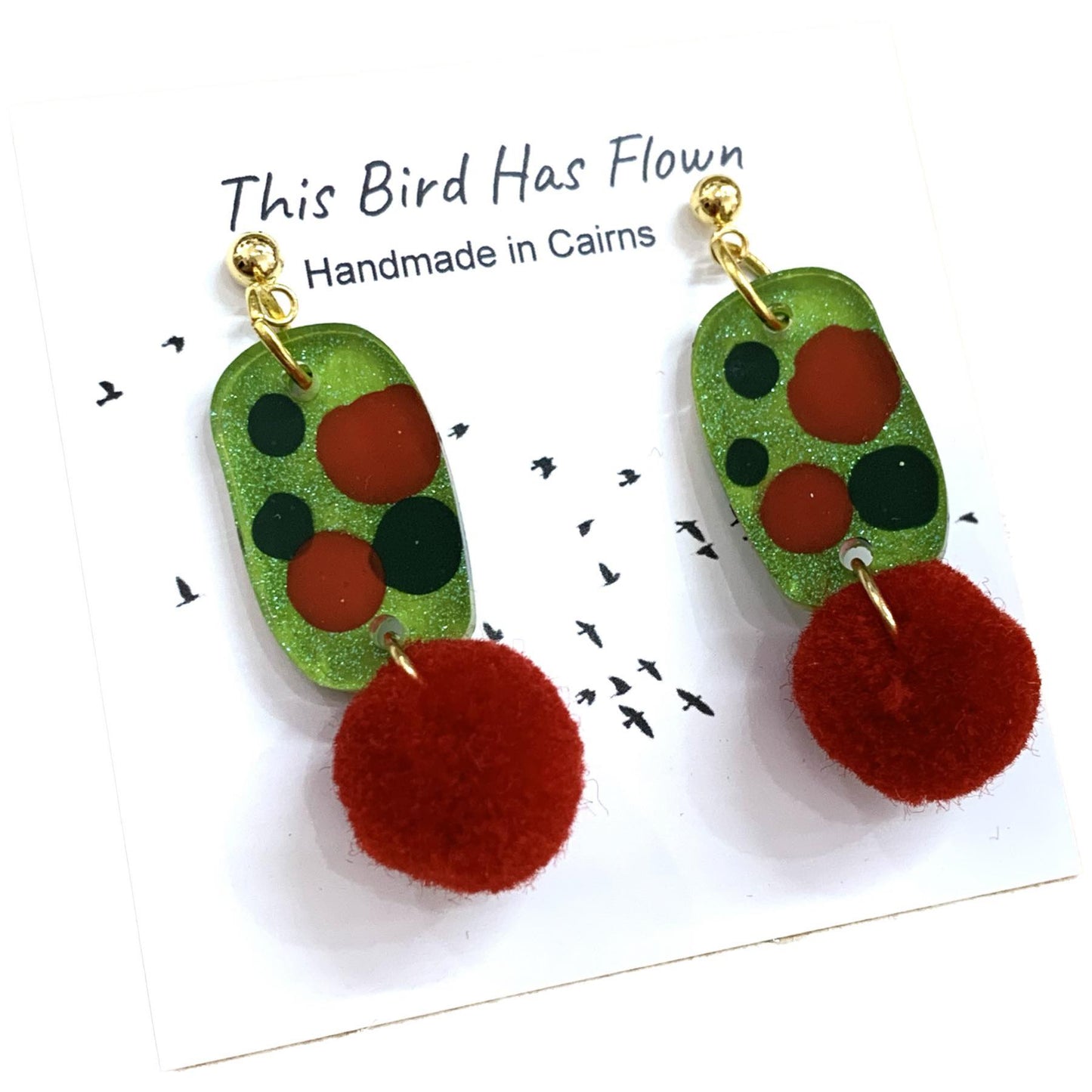 THIS BIRD HAS FLOWN- Funky Christmas Earrings- Small Pom Poms #7