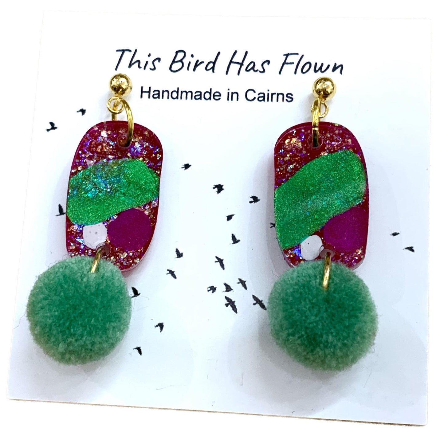 THIS BIRD HAS FLOWN- Funky Christmas Earrings- Small Pom Poms #3