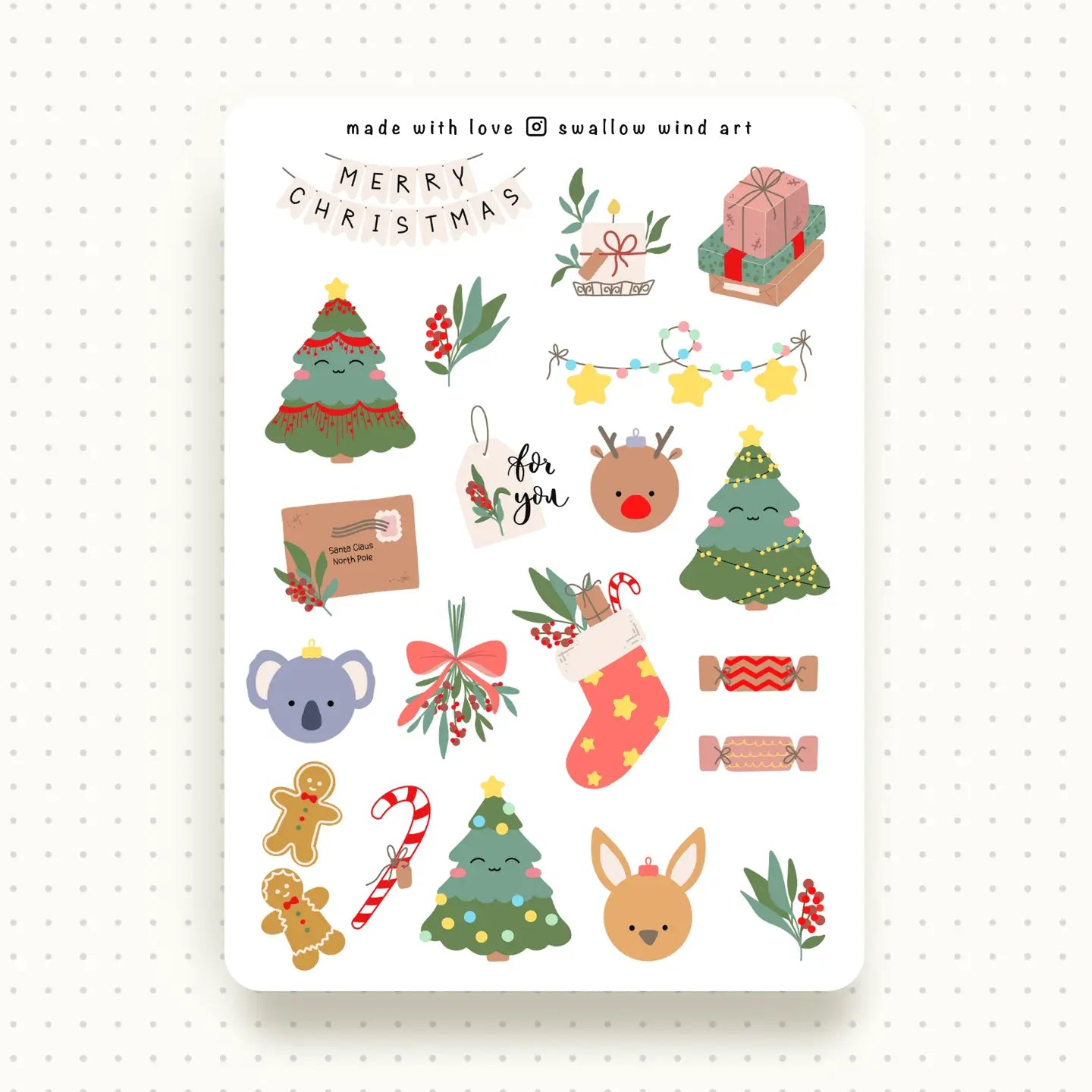 SWALLOW WIND ART - CUTE AUSTRALIAN CHRISTMAS - STICKER SHEET