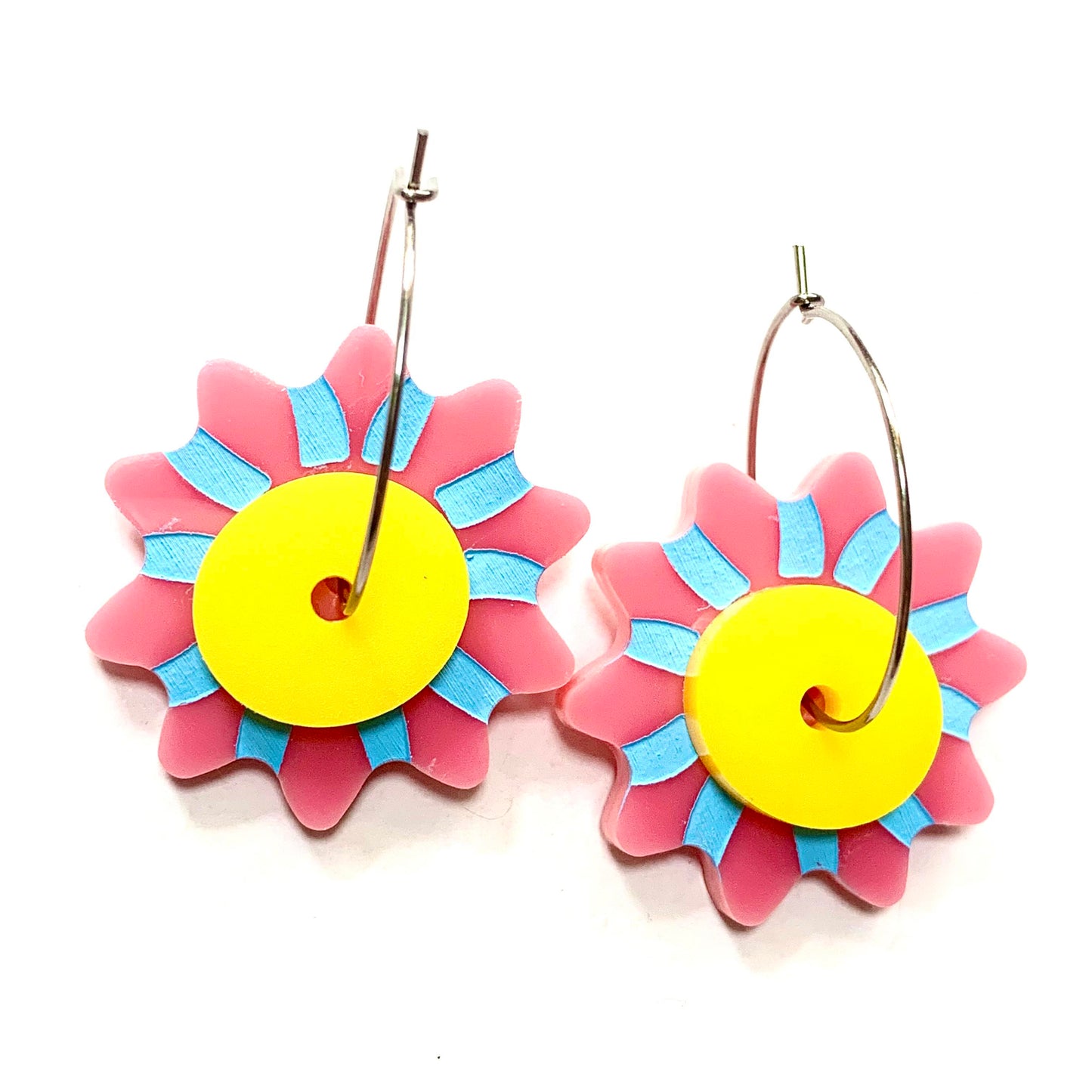 MAKIN' WHOOPEE - "Candy Stripe Blooms" - Hoop Dangles- Piggy Pink & Sunny Yellow