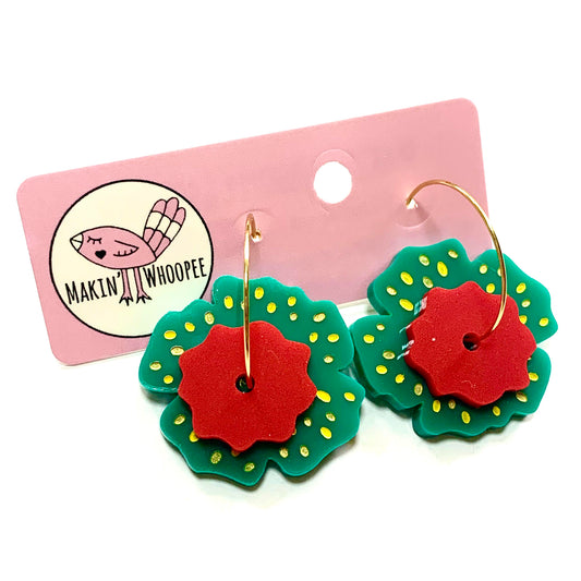 MAKIN' WHOOPEE - "Petal Pusher Stackers" - Hoop Dangles- Teal Gloss & Cherry Red