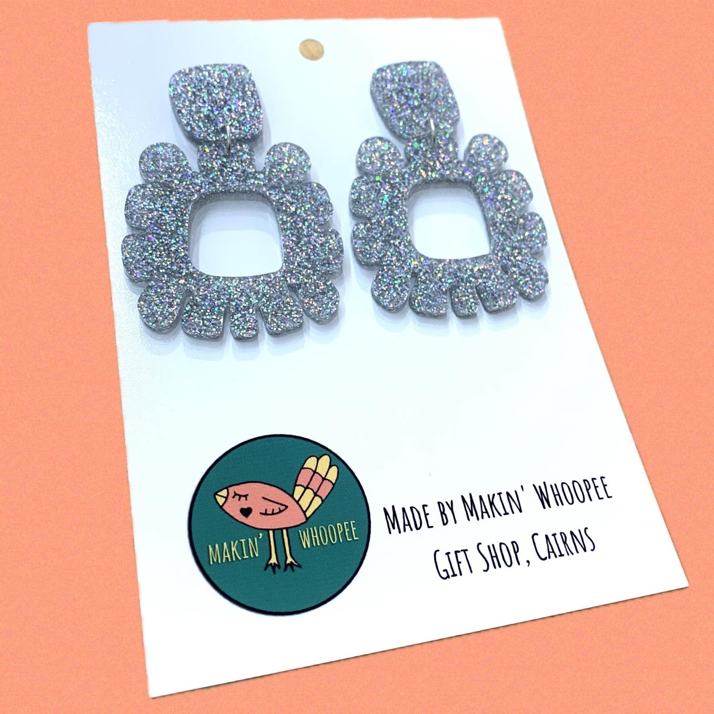 MAKIN' WHOOPEE - "Funky Flowers" - Statement Dangles - Silver Holographic Disco Dust