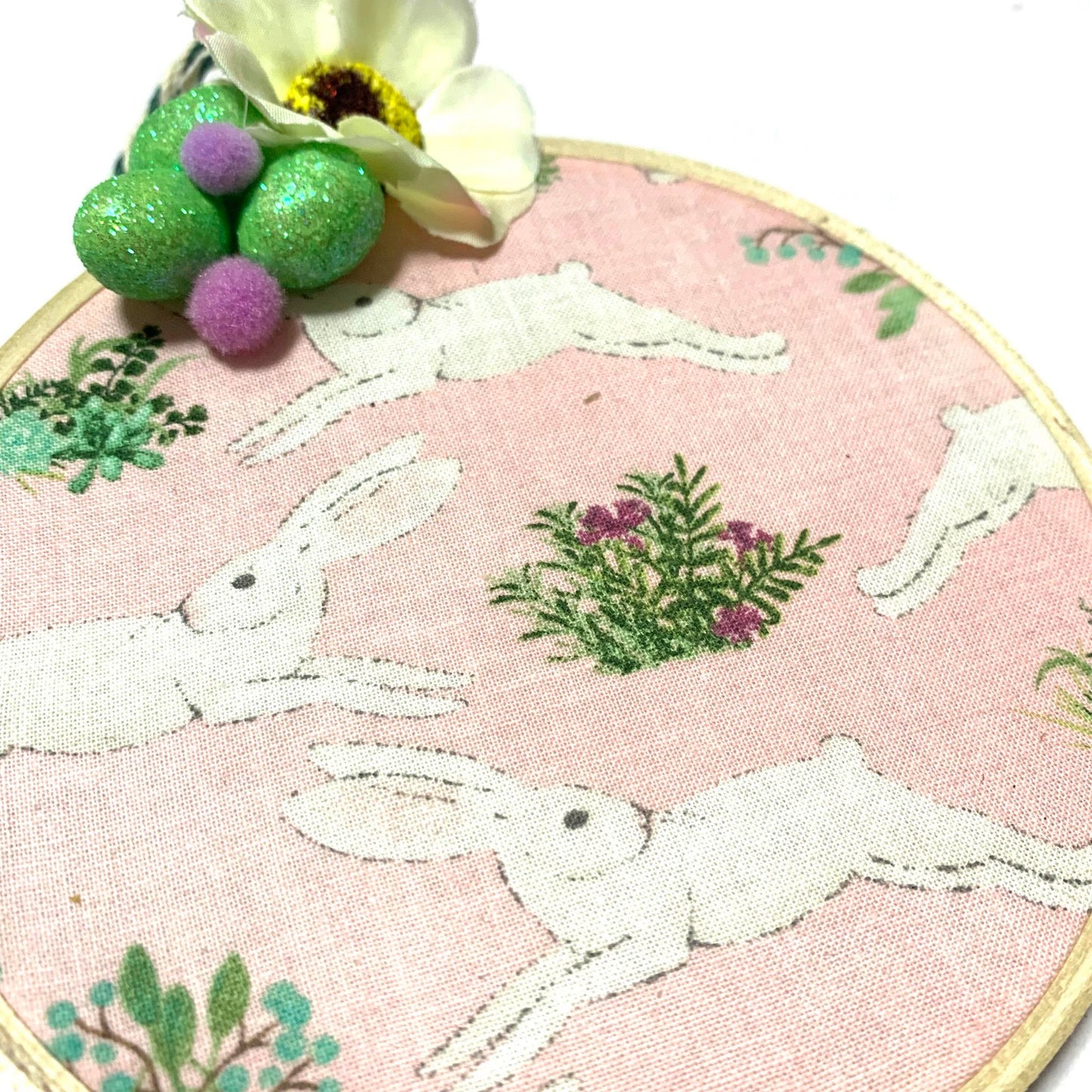 THIS BIRD HAS FLOWN- "Bounding Bunnies" Small Embroidery Hoop Easter Decoration