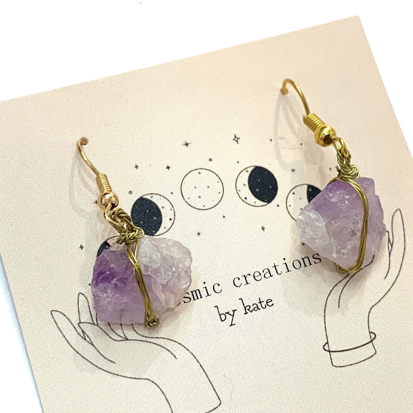 Cosmic Creations - Wrapped Crystal Dangle Earrings- Amethyst with Gold