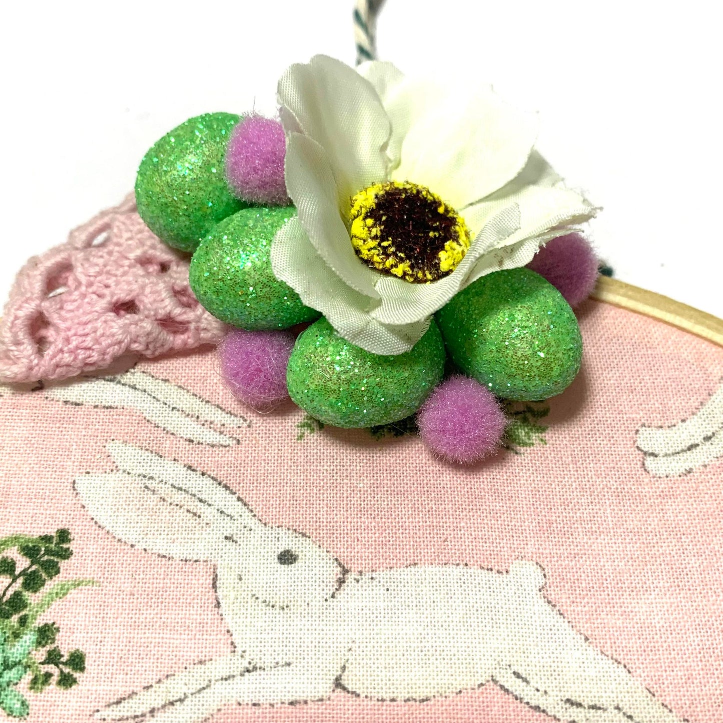 THIS BIRD HAS FLOWN- "Bounding Bunnies" Large Embroidery Hoop Easter Decoration