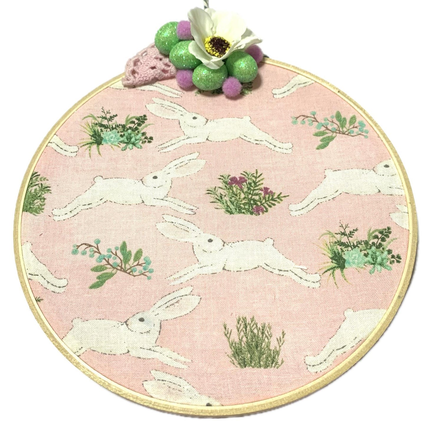 THIS BIRD HAS FLOWN- "Bounding Bunnies" Large Embroidery Hoop Easter Decoration