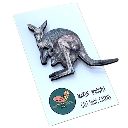 MAKIN' WHOOPEE BROOCH - Kangaroo & Joey - Printed Timber Brooch