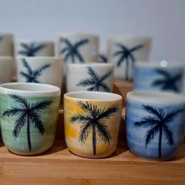 EARTH BY HAND- Espresso/Piccolo Cups- Blue with Black Palm Trees