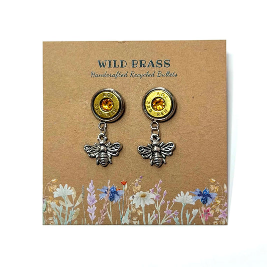 WILD BRASS- Charm Stud Dangles - Bee with Yellow Swarovski Crystals