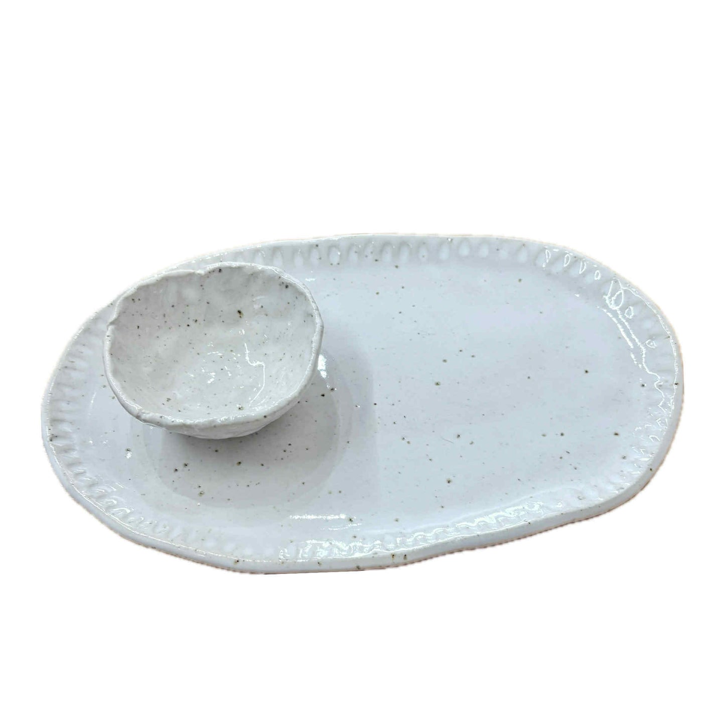 EARTH BY HAND- Hand Built White Oval Platter & Dipping Bowl