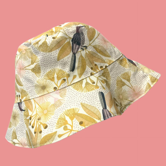 Teacups n Quilts- Mustard Gum Flowers & Birds Fabric Hat- Adult Size