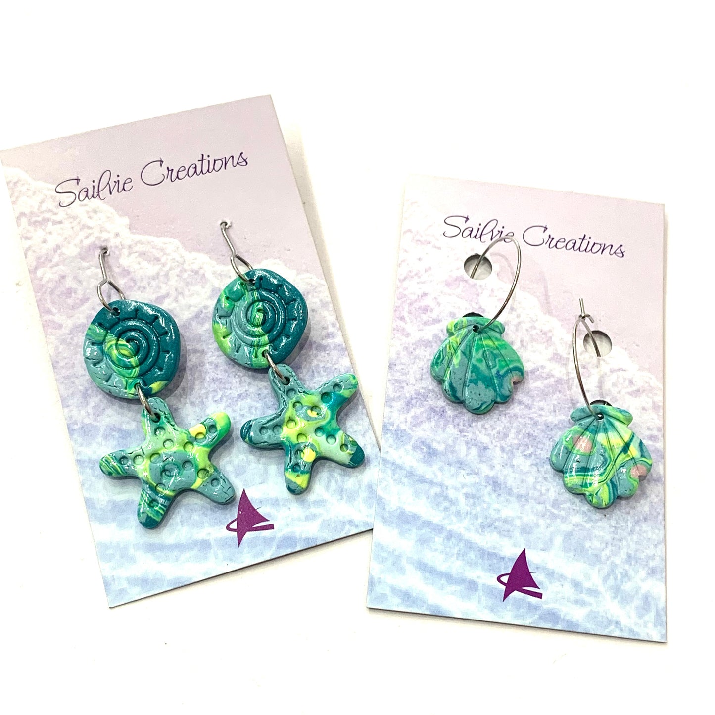 Sailvie Creations - Aqua Clam Hoop Dangle Earrings