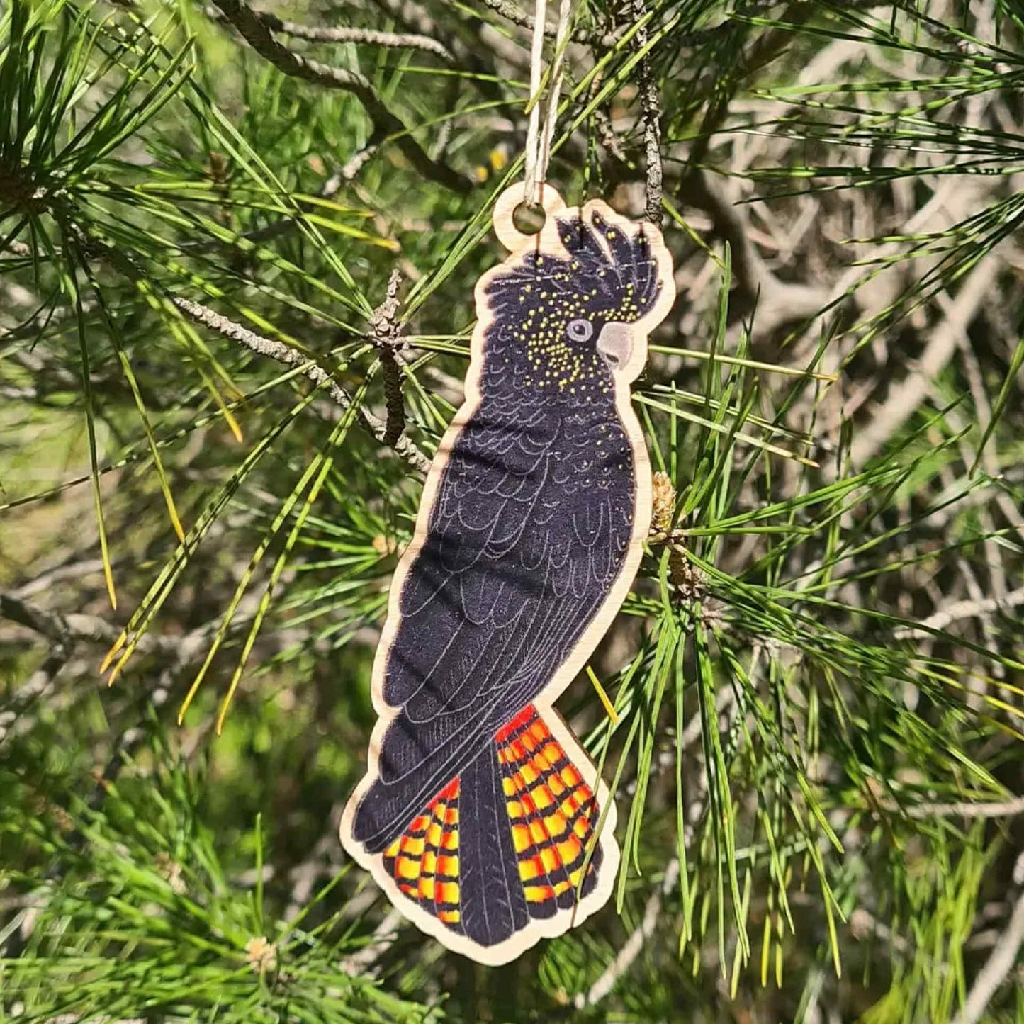 EARTH GREETINGS- Red Tailed Black Cockatoo Wooden Decoration
