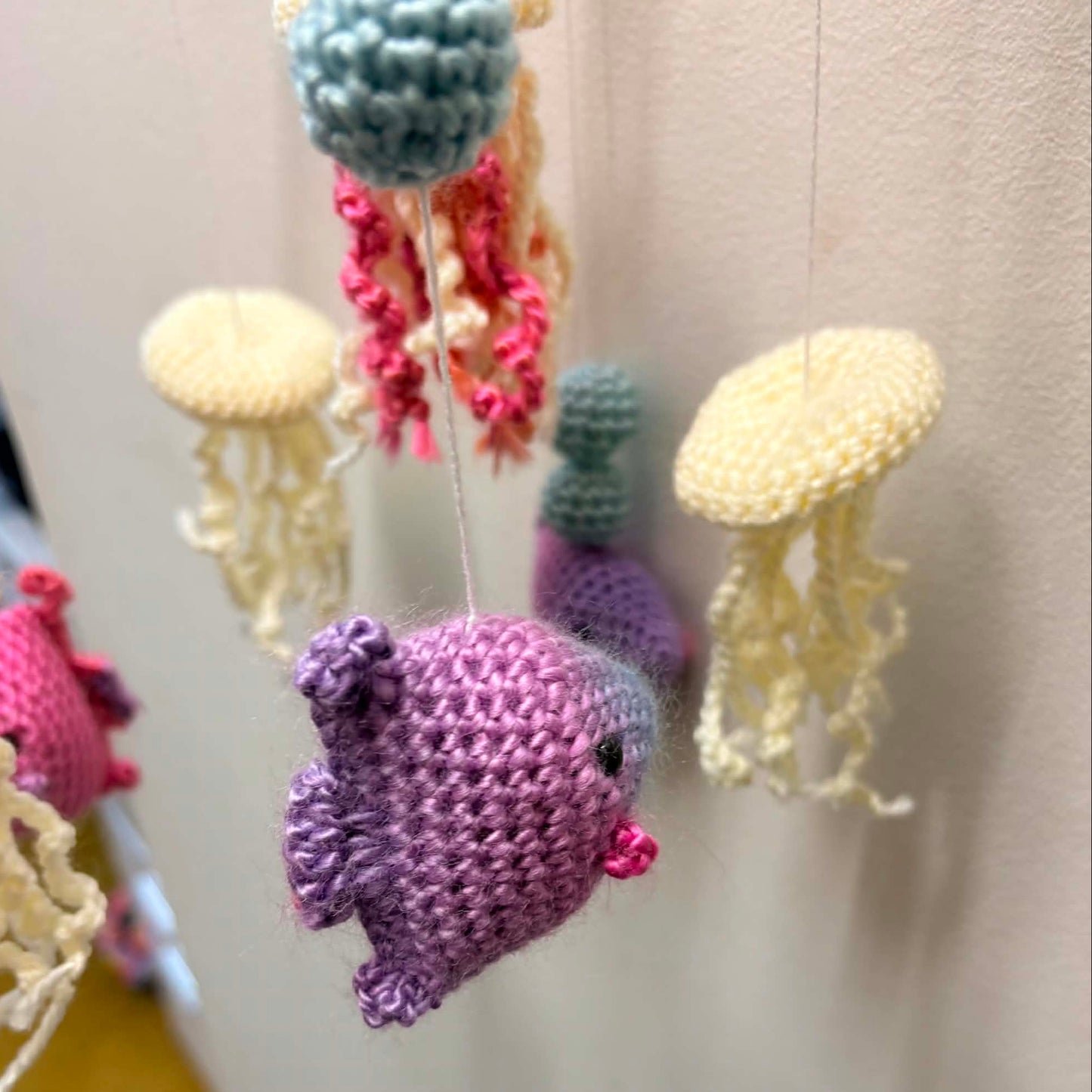 BEAKNITS- CROCHETED UNDER THE SEA MOBILE #6- Blue Ring with jellyfish and fish