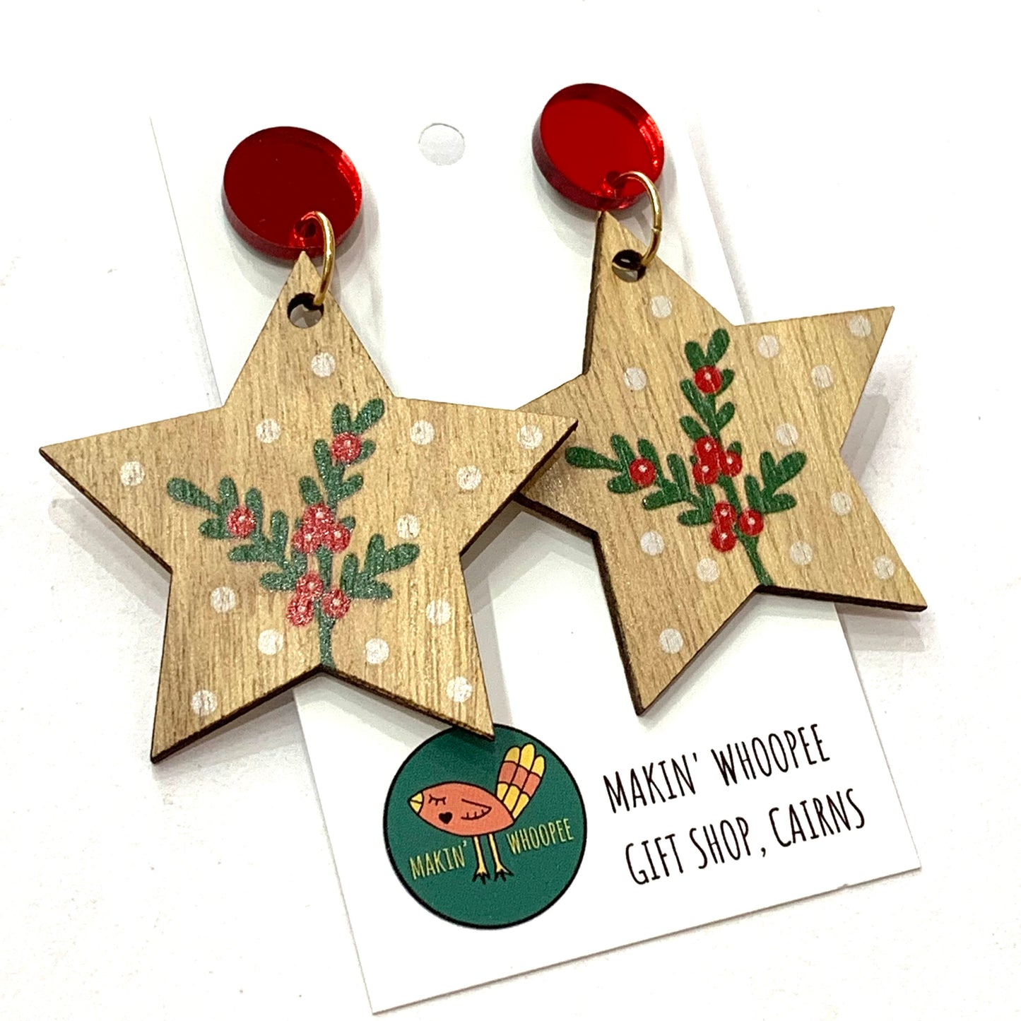MAKIN' WHOOPEE - “Timber Stars- Red Top” CHRISTMAS STUD DANGLES