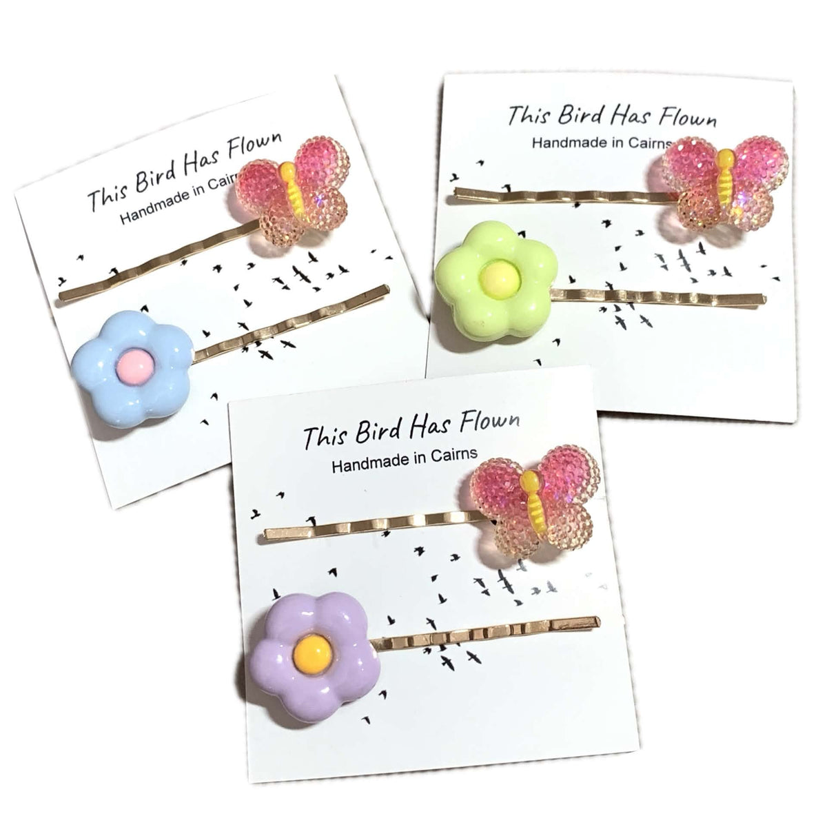 THIS BIRD HAS FLOWN - Mismatched Butterfly Blue Flower - Hair Pins