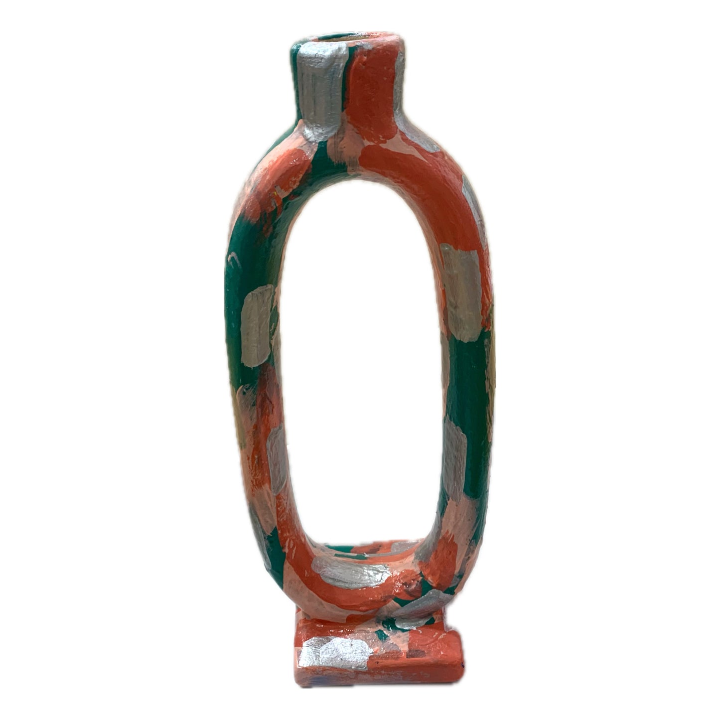 THIS BIRD HAS FLOWN - Tall Candle Holder- Peach, Green & Silver Abstract- Candle Included