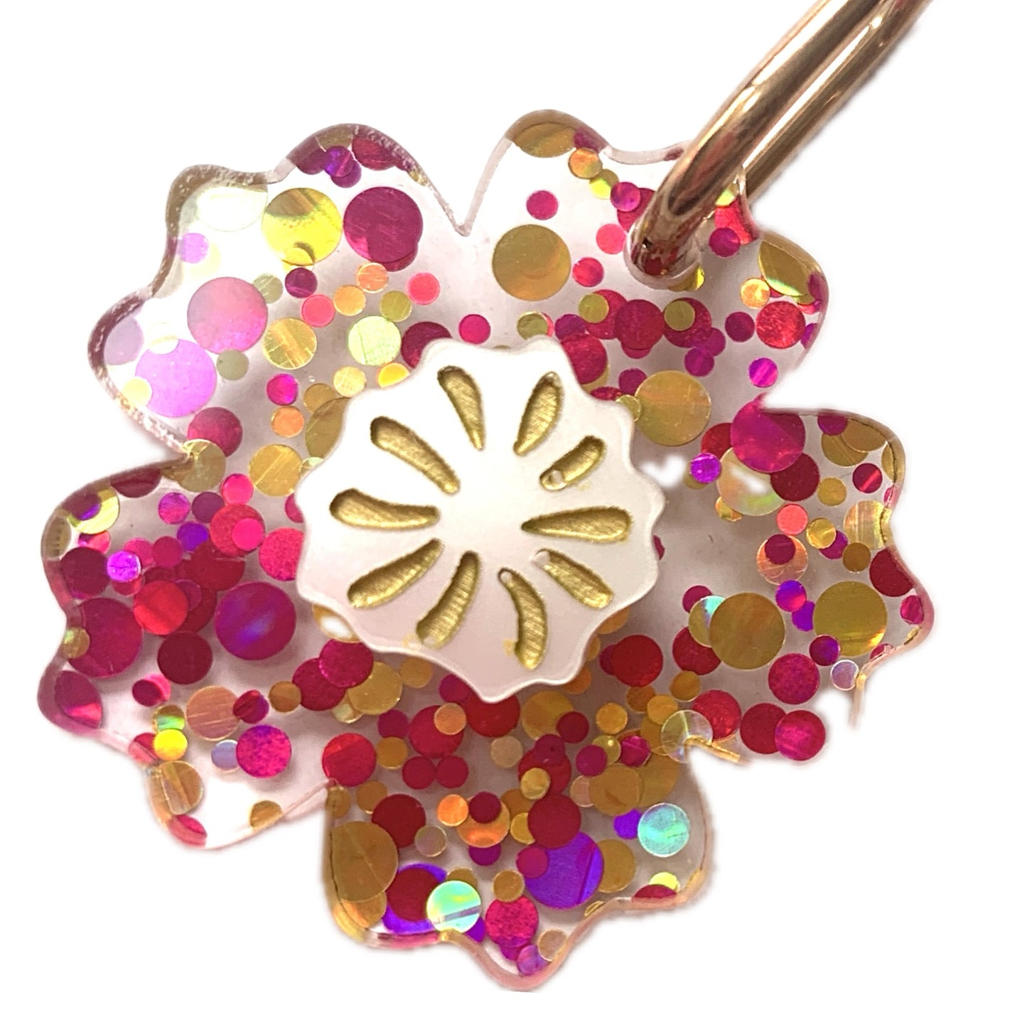 THIS BIRD HAS FLOWN - “Glitter Blooms- Pink & Gold” HUGGIE HOOP CHARM EARRINGS