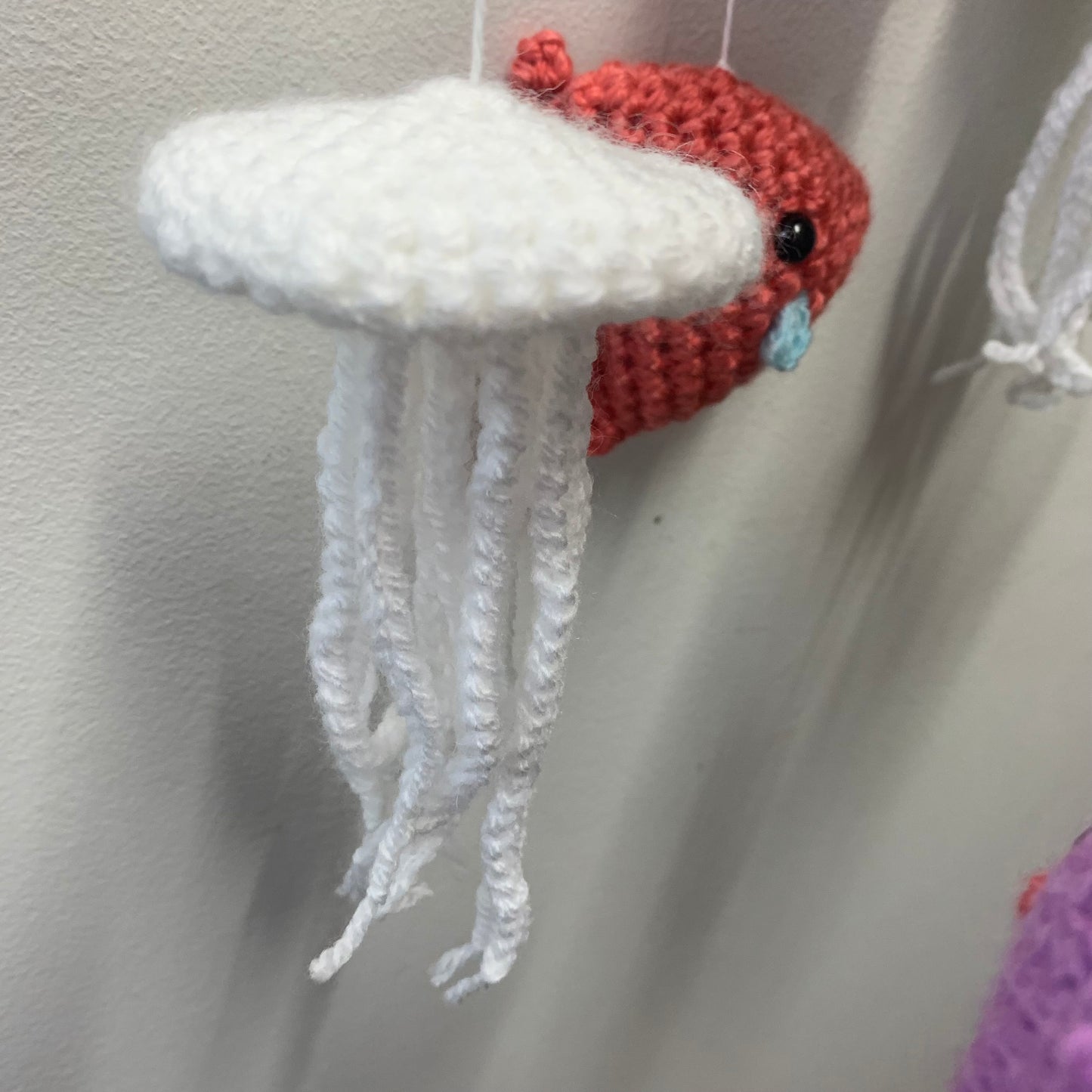 BEAKNITS- CROCHETED UNDER THE SEA MOBILE #3- White Ring & Purple Fish