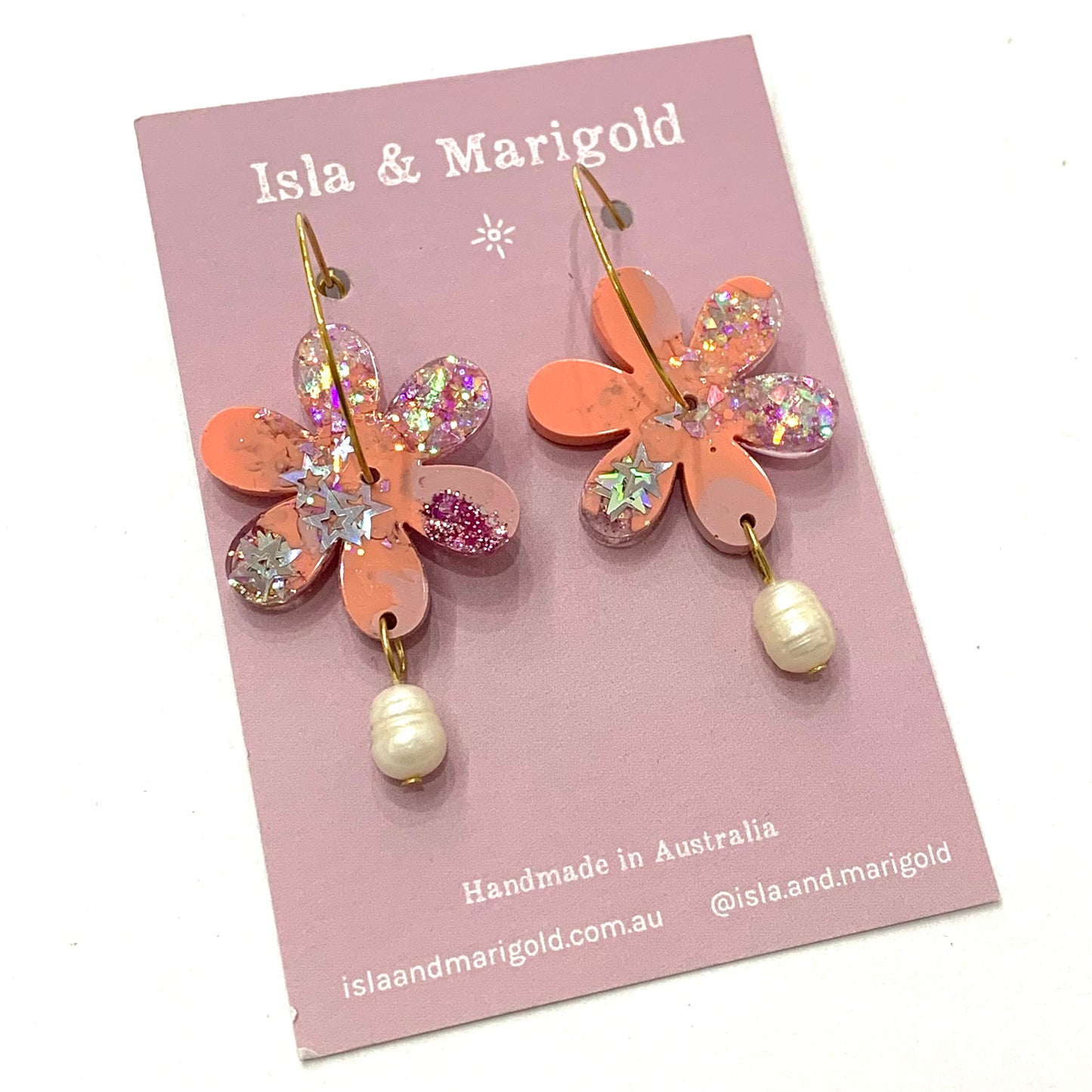 Isla & Marigold- Flower Drop Hoop Earrings- Peachy Stars