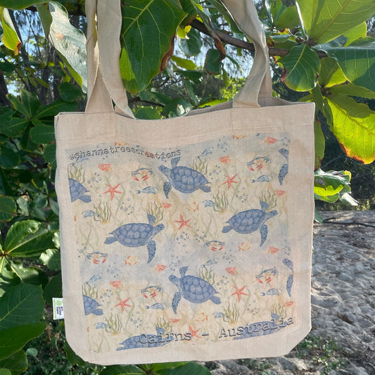 Shanna Trees Creations- "Turtles" Cotton Tote Bag- Natural
