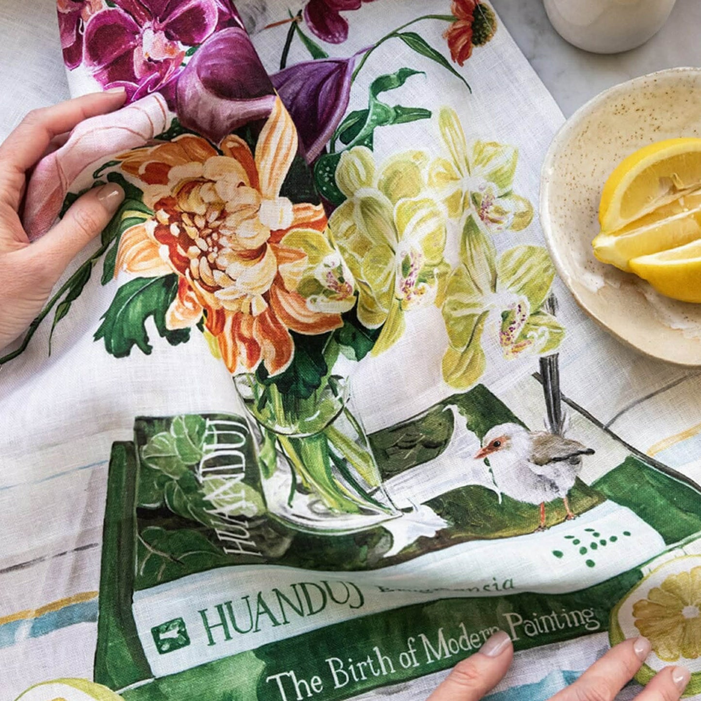 BESPOKE LETTERPRESS - "Fairy Wrens"- 100% Linen Tea Towel