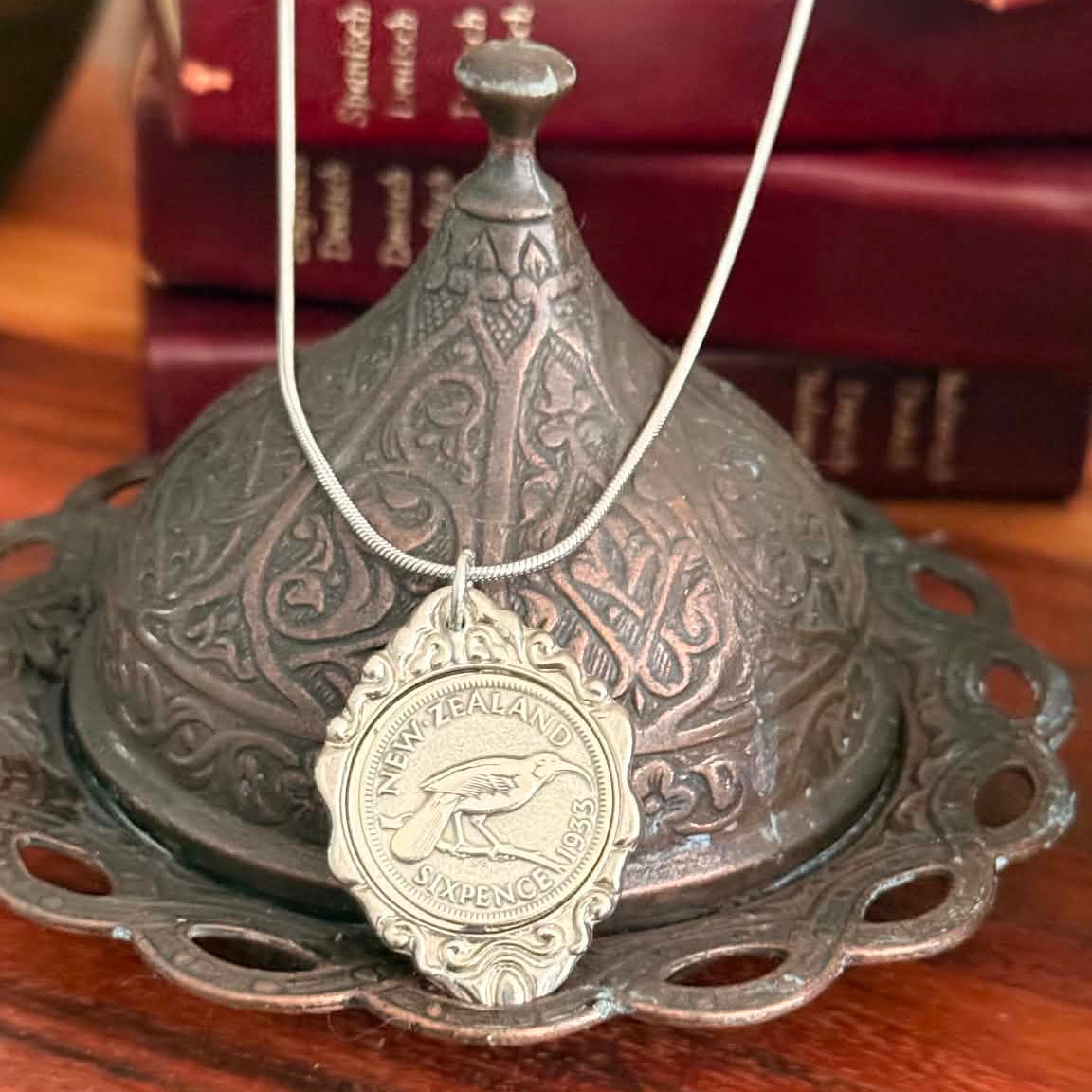 MOLLY MADE- Vintage 1933 New Zealand Huia Bird Sixpence Pendant Necklace