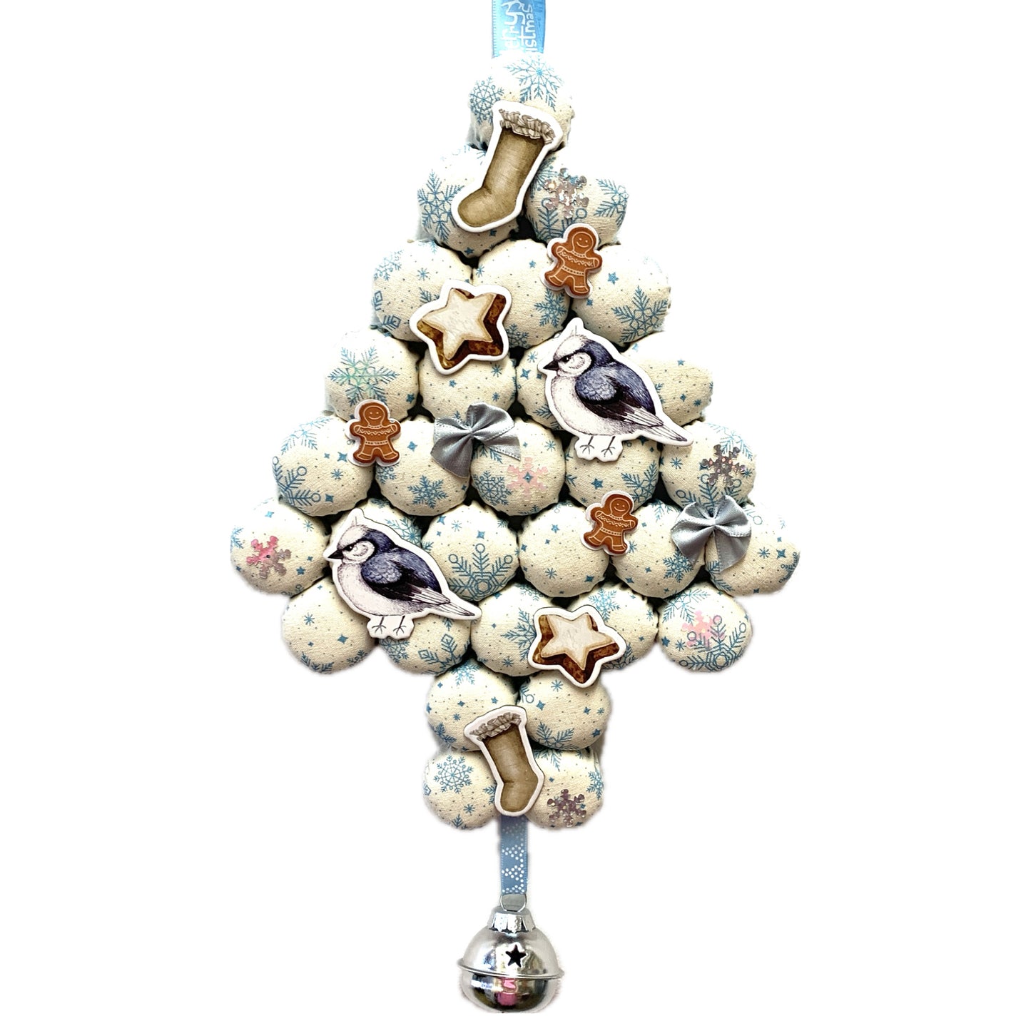 MUMMA WHOOPEE- "BLUE CHRISTMAS"- SMALL BOTTLE TOP CHRISTMAS TREE WALL HANGING