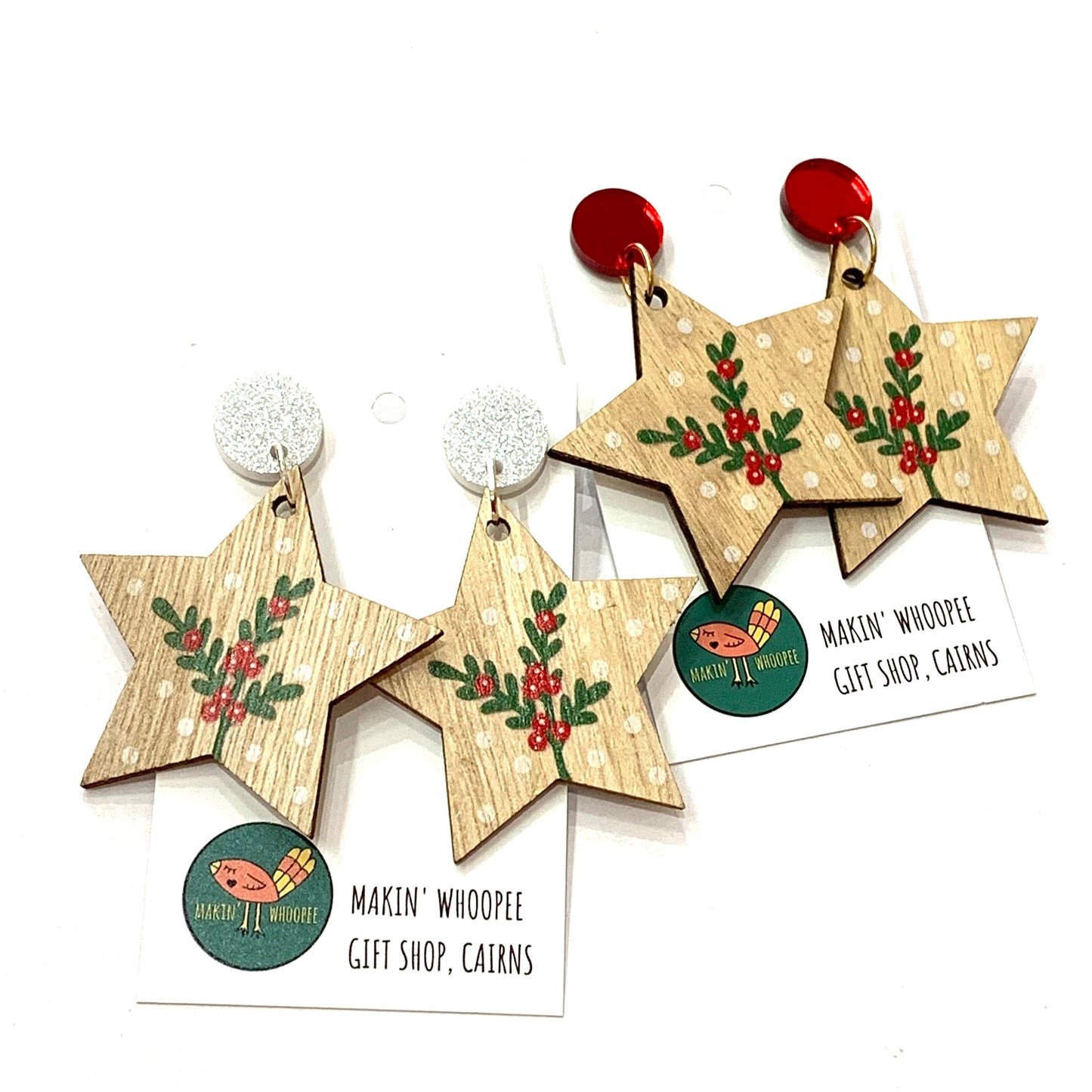 MAKIN' WHOOPEE - “Timber Stars- Red Top” CHRISTMAS STUD DANGLES