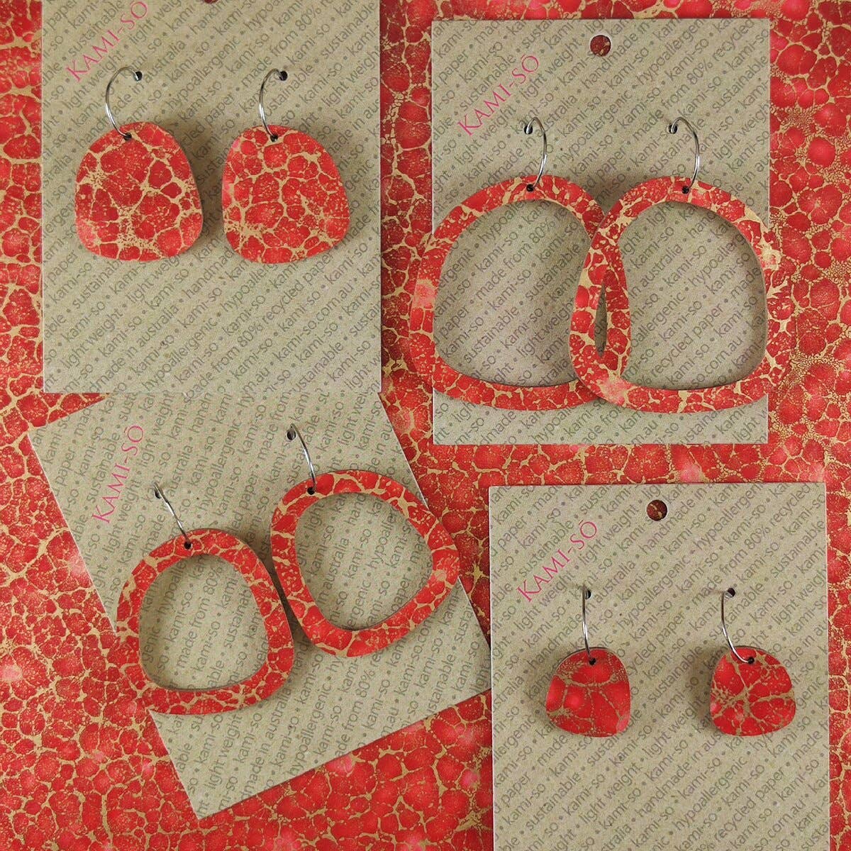KAMI-SO- Square Recycled Paper Earrings - Red & Gold Crackle: Small Hoop