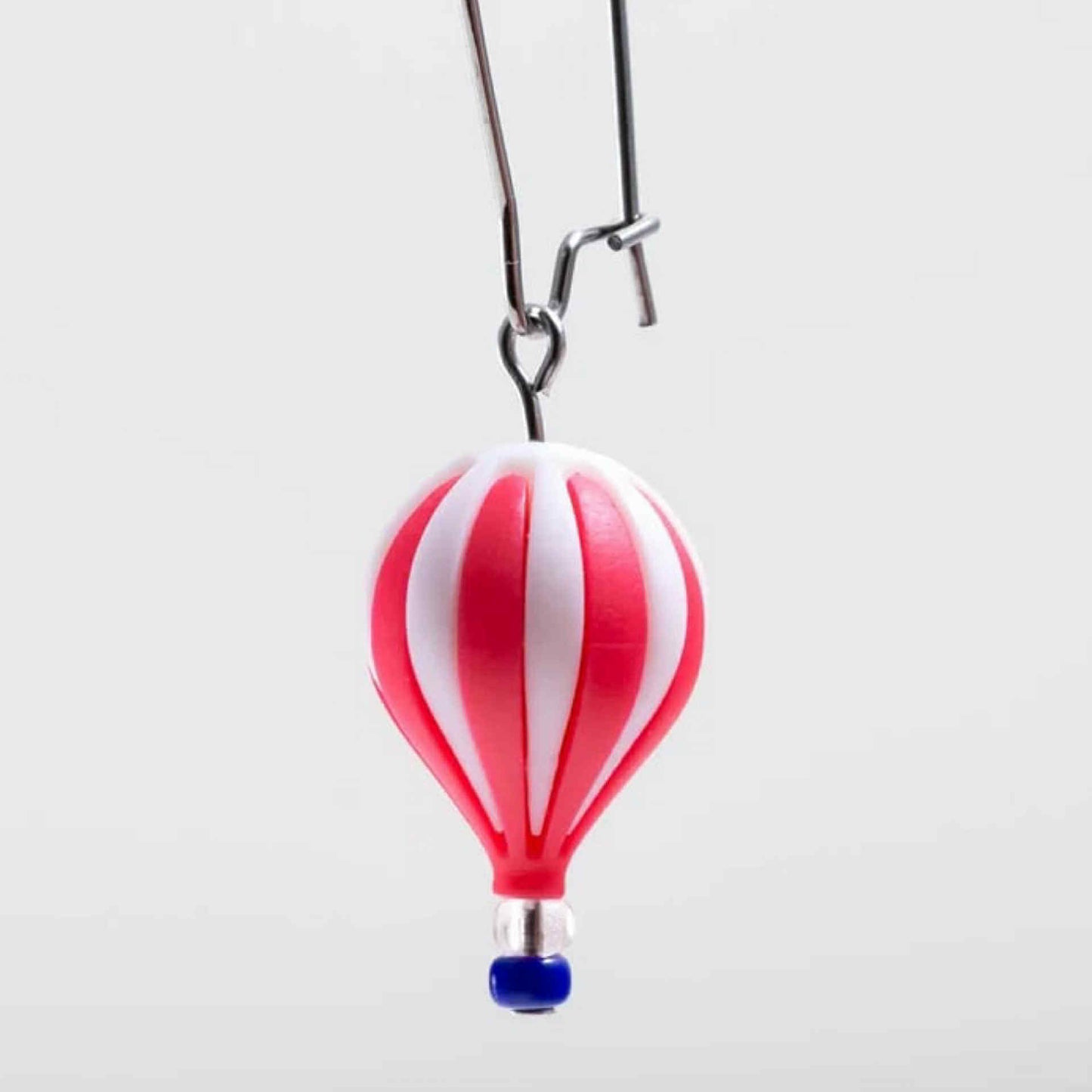CLAIRE ISHINO- 3D Printed Resin Hot Air Balloon Earrings - Red & White Stripes with Glass Bead Basket