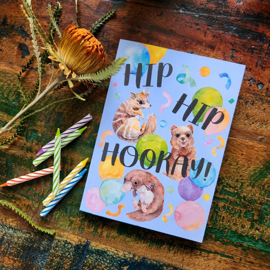 WATERCOLOURS BY CAT- Hip Hip Hooray Birthday Card - Platypus, Quokka & Numbat