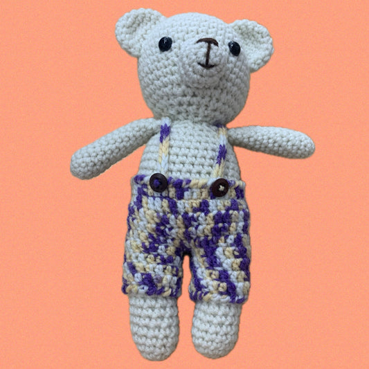 BEAKNITS- Crocheted Teddy Bear- Purple Overalls