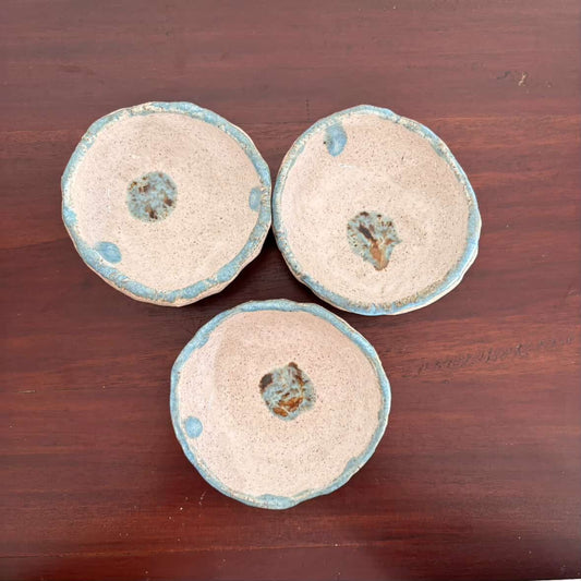 POTTERESS BY ALICIA - Small Bowl Sets- Grey Clay, Light Blue rim, Speckled blue dots