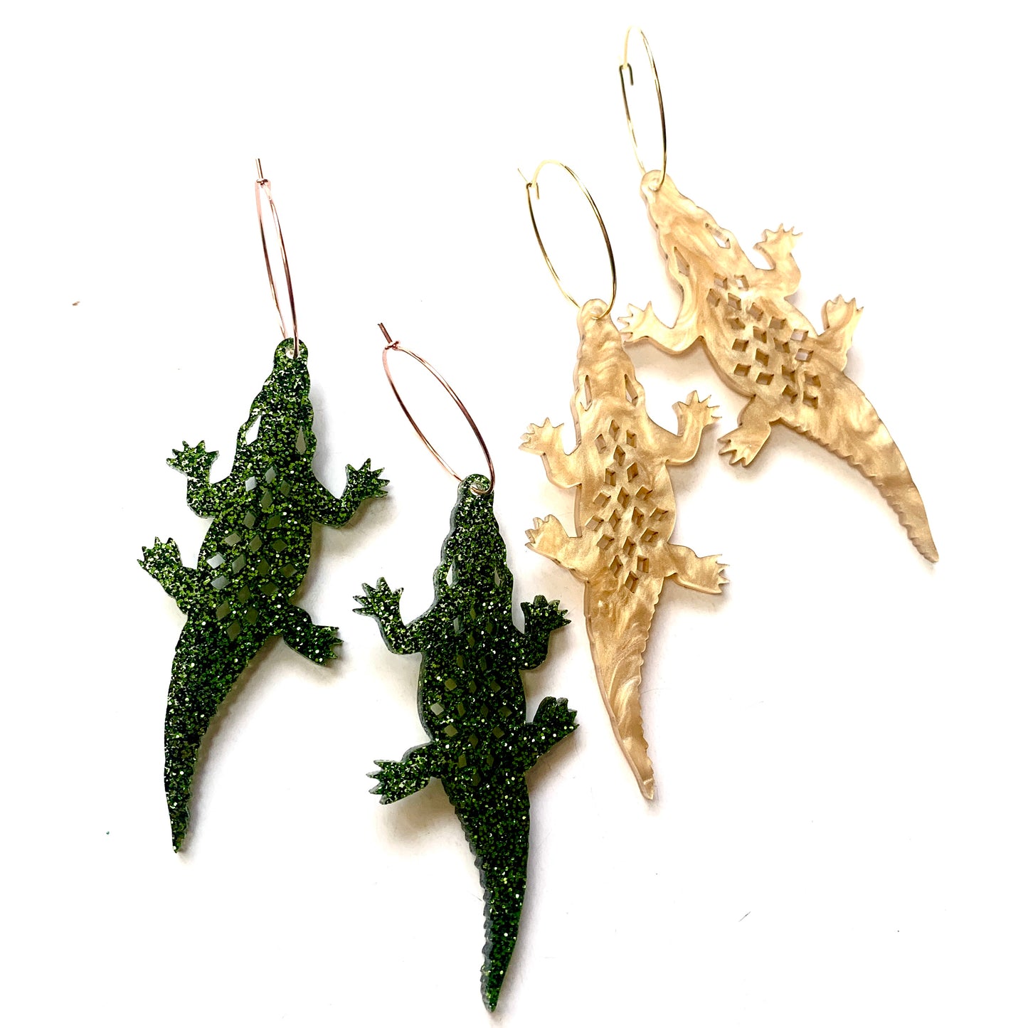 THIS BIRD HAS FLOWN - “Crocodile- Green Glitter” HOOP DANGLE EARRINGS