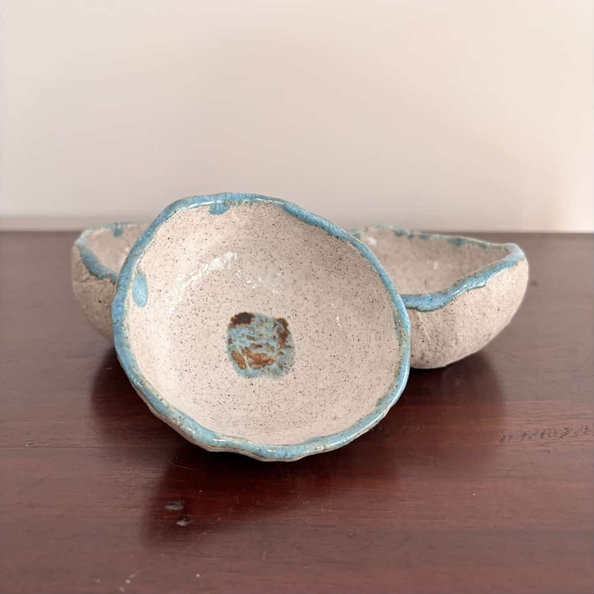 POTTERESS BY ALICIA - Small Bowl Sets- Grey Clay, Light Blue rim, Speckled blue dots