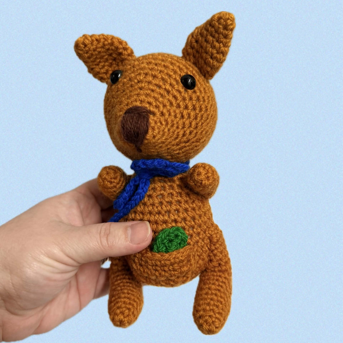 BEAKNITS- Crochet Kangaroo- Blue Bow with Gum Leaf
