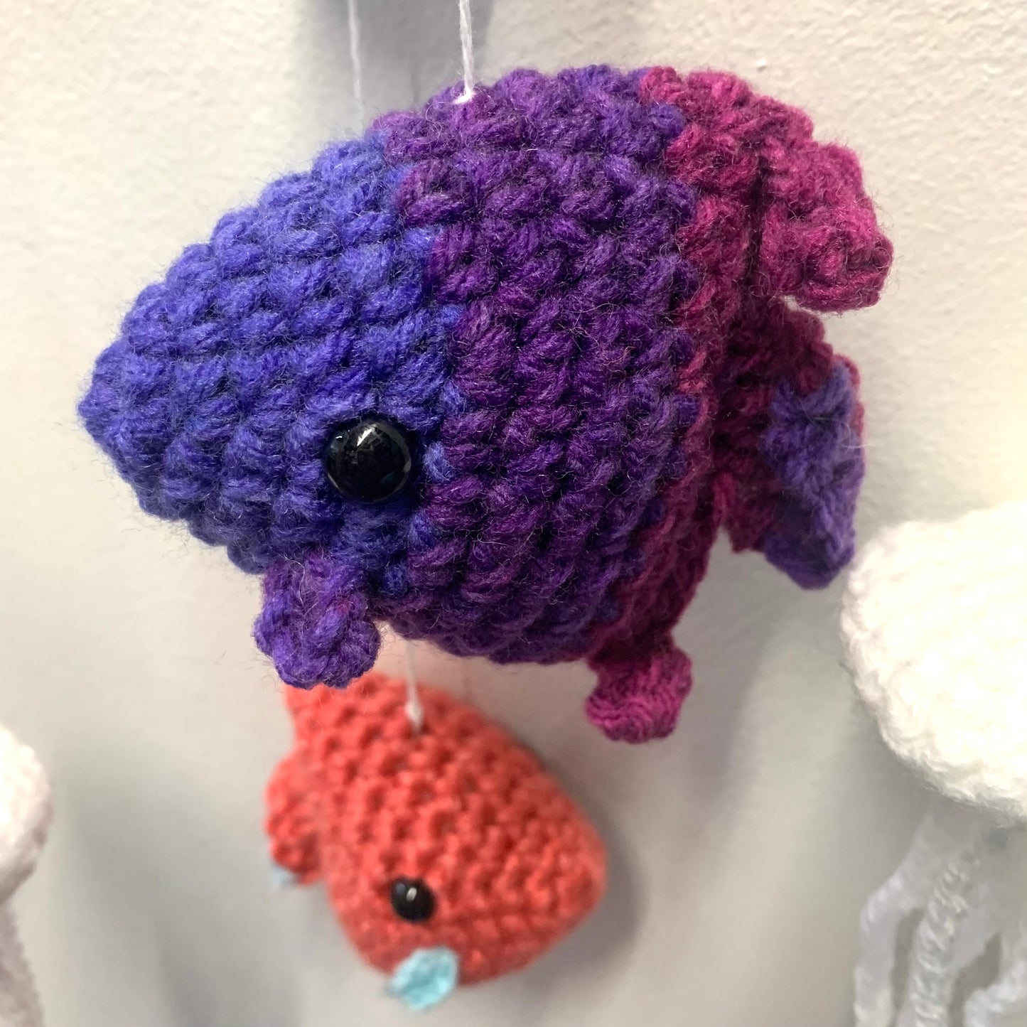 BEAKNITS- CROCHETED UNDER THE SEA MOBILE #3- White Ring & Purple Fish