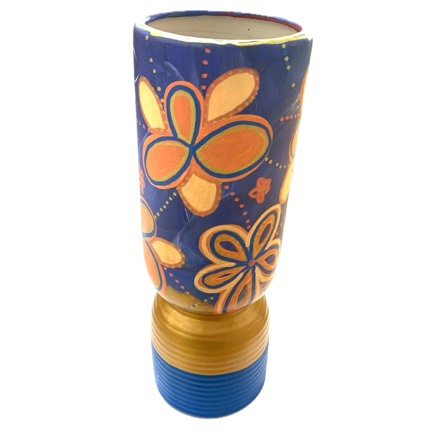 MAKIN' WHOOPEE - Large Cylinder Vase- Blue & Peach & Gold Flowers