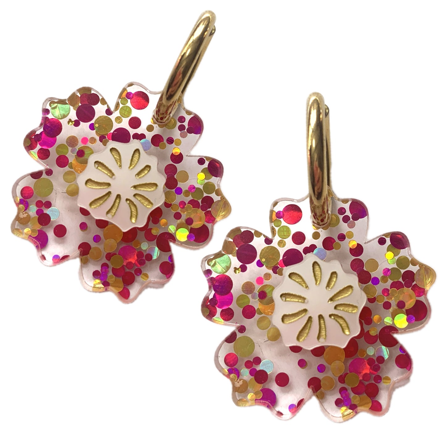 THIS BIRD HAS FLOWN - “Glitter Blooms- Pink & Gold” HUGGIE HOOP CHARM EARRINGS