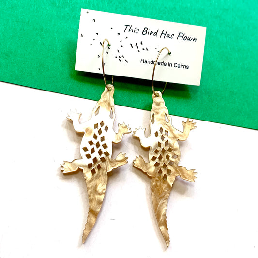 THIS BIRD HAS FLOWN - “Crocodile- Gold Marble” HOOP DANGLE EARRINGS